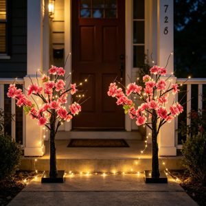 1 piece 25.6 inch multi head artificial pink cherry blossom LED light